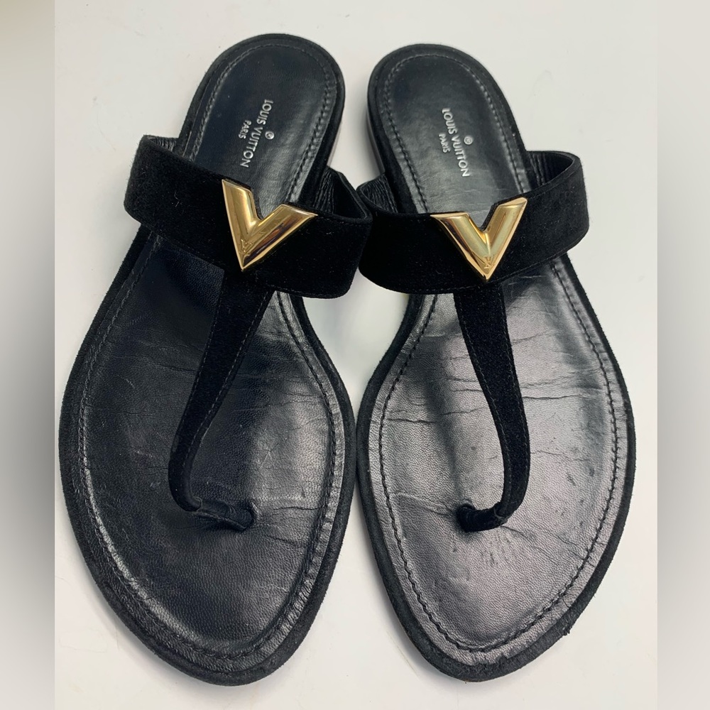 Louis Vuitton Black Suede Leather Gold V Monogram Thong Sandal sz37